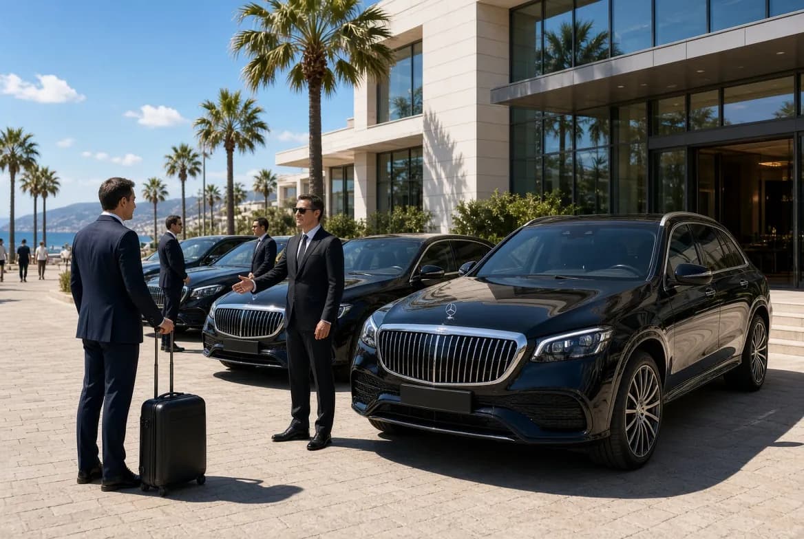 Chauffeurs accueillant des invités d’affaires devant une rangée de Mercedes noires à l’entrée d’un hôtel de congrès moderne