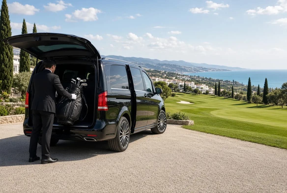 Chauffeur chargeant un sac de golf dans une Mercedes Classe V noire près d’un parcours de golf dominant la Costa del Sol