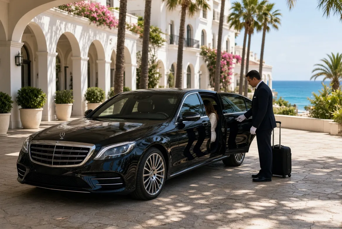 Chauffeur en gants blancs ouvrant la portière d’une Mercedes Classe S noire à l’entrée d’un hôtel de luxe blanc en bord de mer