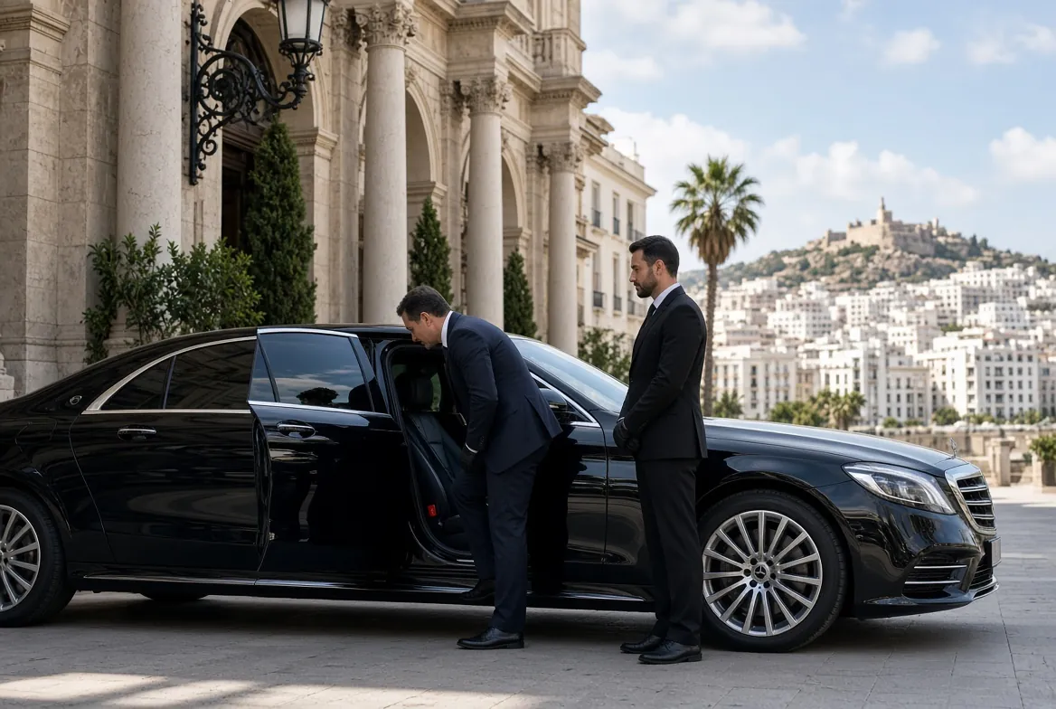 Dirigeant montant dans une Mercedes Classe S noire dont un chauffeur tient la portière, au centre de Málaga, avec le château de Gibralfaro en arrière-plan
