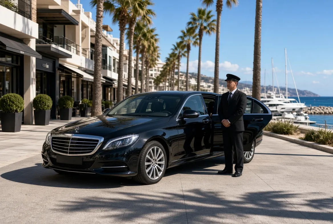 Chauffeur attendant à côté d’une Mercedes Classe S noire sur une promenade bordée de palmiers près du port de Marbella