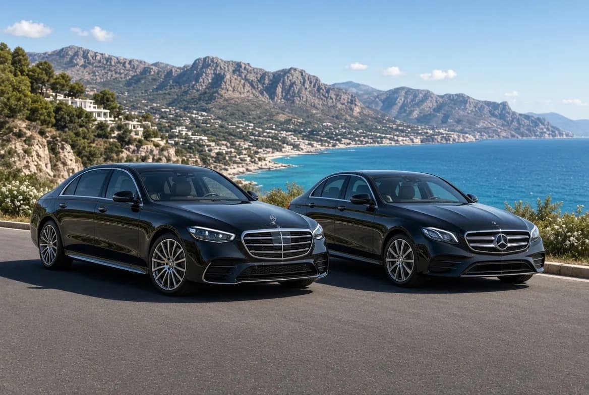 Mercedes Classe S et Classe E noires côte à côte sur une route côtière surplombant la Méditerranée