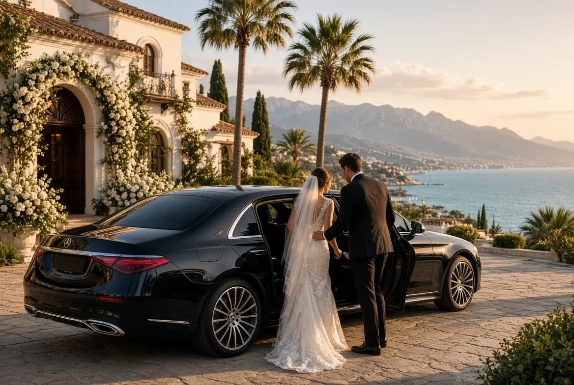 Mariés montant dans une Mercedes Classe S noire devant une villa andalouse fleurie au coucher du soleil, avec la côte de la Costa del Sol en arrière-plan